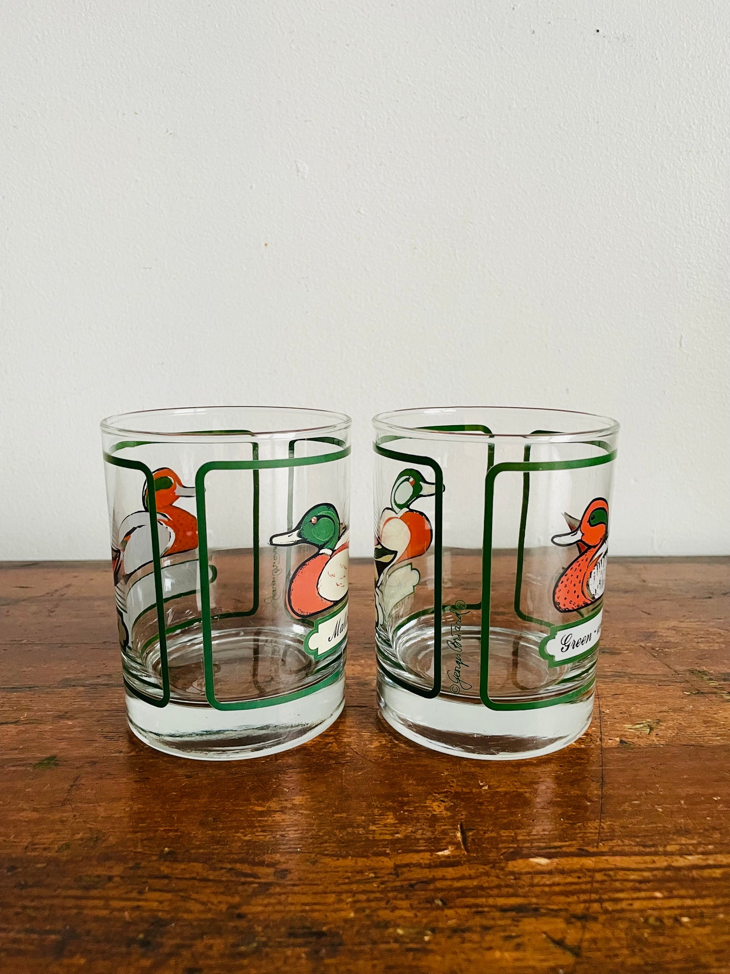 Vintage Georges Briard Heavy-Bottomed Bird Tumbler Drinking Glasses - Green-Winged Teal & Mallard Ducks - Set of 2