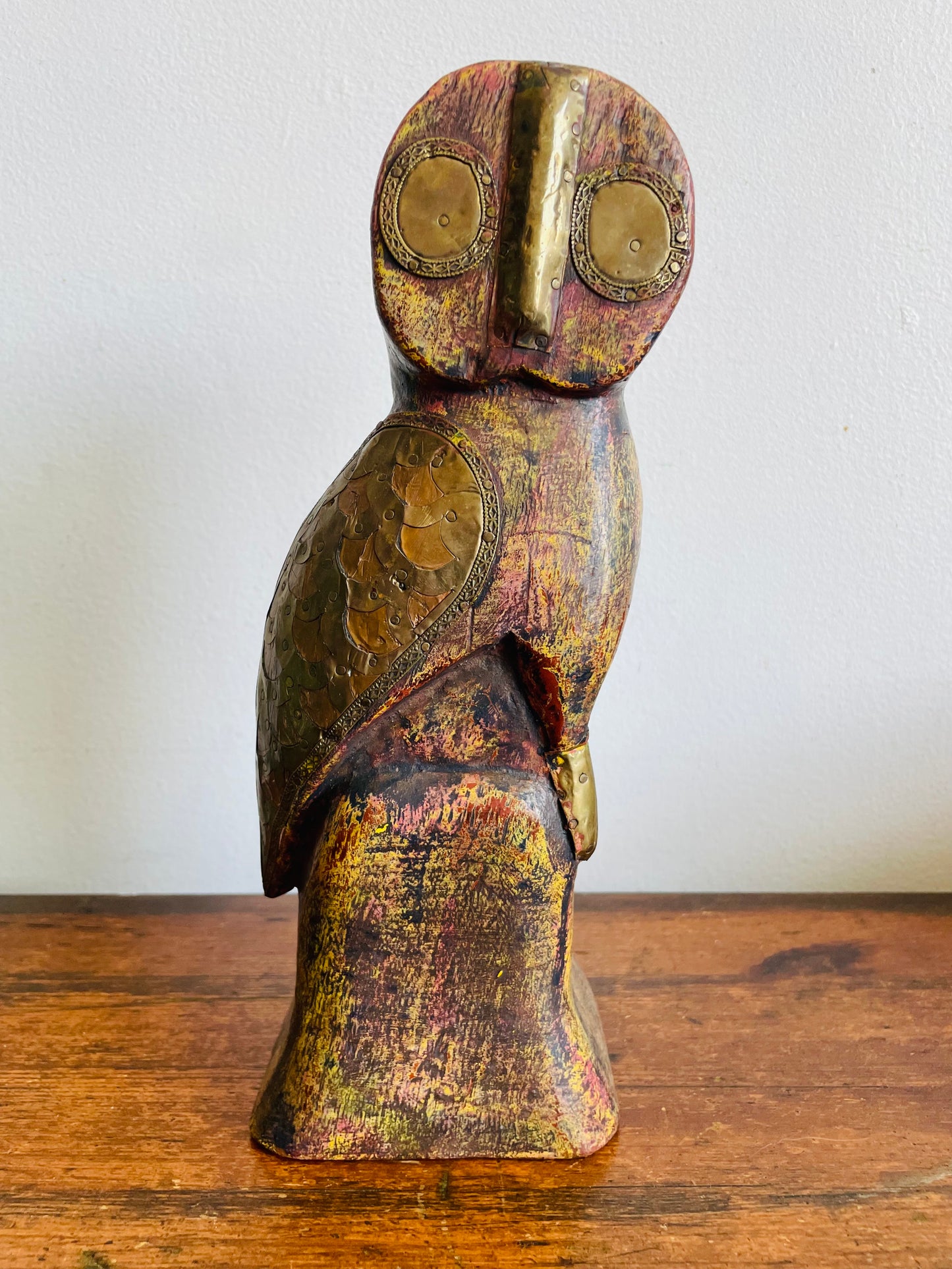 Vintage Solid Wood Carved Owl Sculpture With Hammered Brass & Copper Details