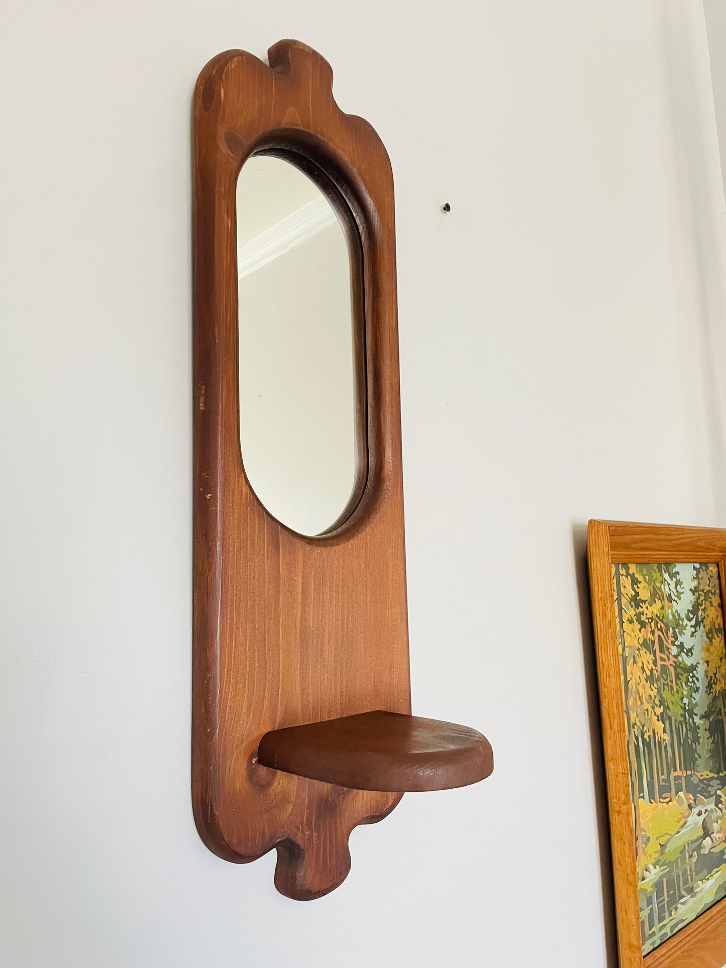 Vintage Organic Wavy Shaped Wood Mirror with Shelf Ledge #2 - 2 Feet Long - No Shipping