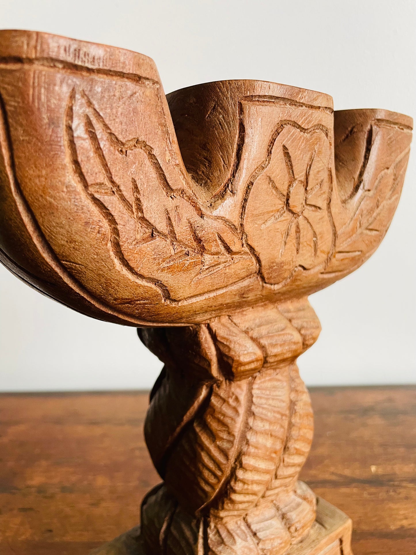 Large & Solid Hand Carved Wood Three Branch Candle Holder - Artist Signed R. Joseph