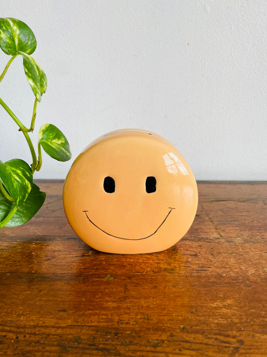 Vintage Pale Orange Smiley Happy Face Money Coin Piggy Bank