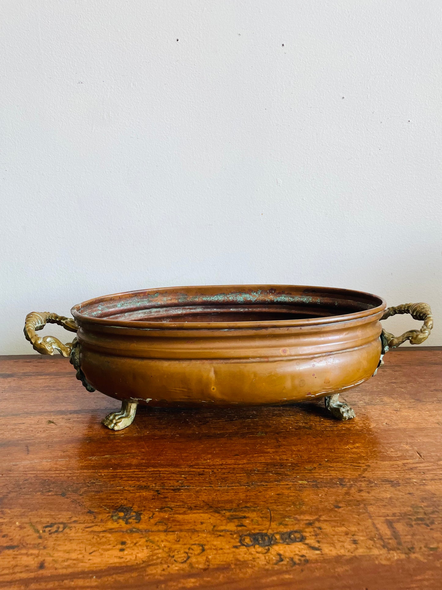 Antique Copper Jardiniere Planter Trough Pot Tub with Brass Lion Handles & Claw Feet