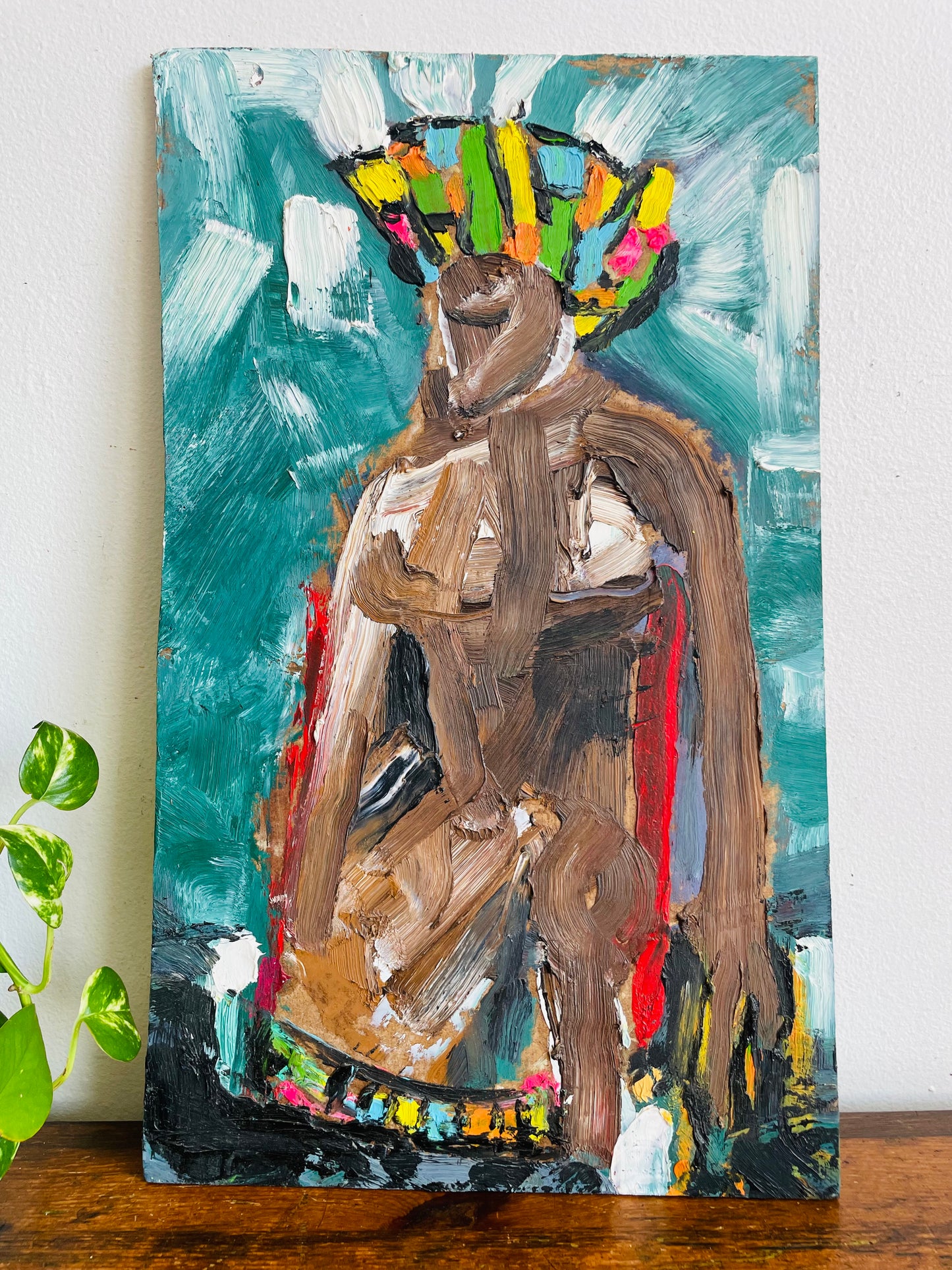 Original Art Abstract Oil Painting on Masonite Board of Nude Woman in Colourful Hat - Purchased from an Artist's Estate in Fort Erie, ON