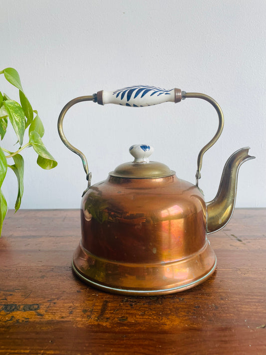 Copper Kettle with Blue & White Ceramic Handle