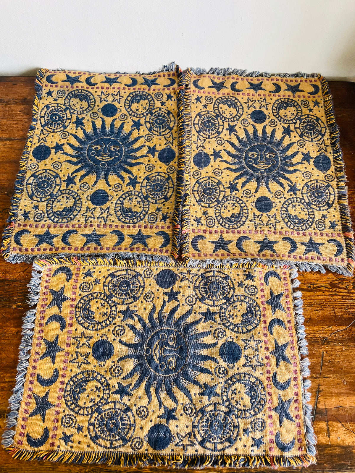 Vintage Blue & Yellow Reversible Celestial Tapestry Fabric Fringed Placemats with Sun, Moon & Star Design - Whimsigoth Decor - Set of 6