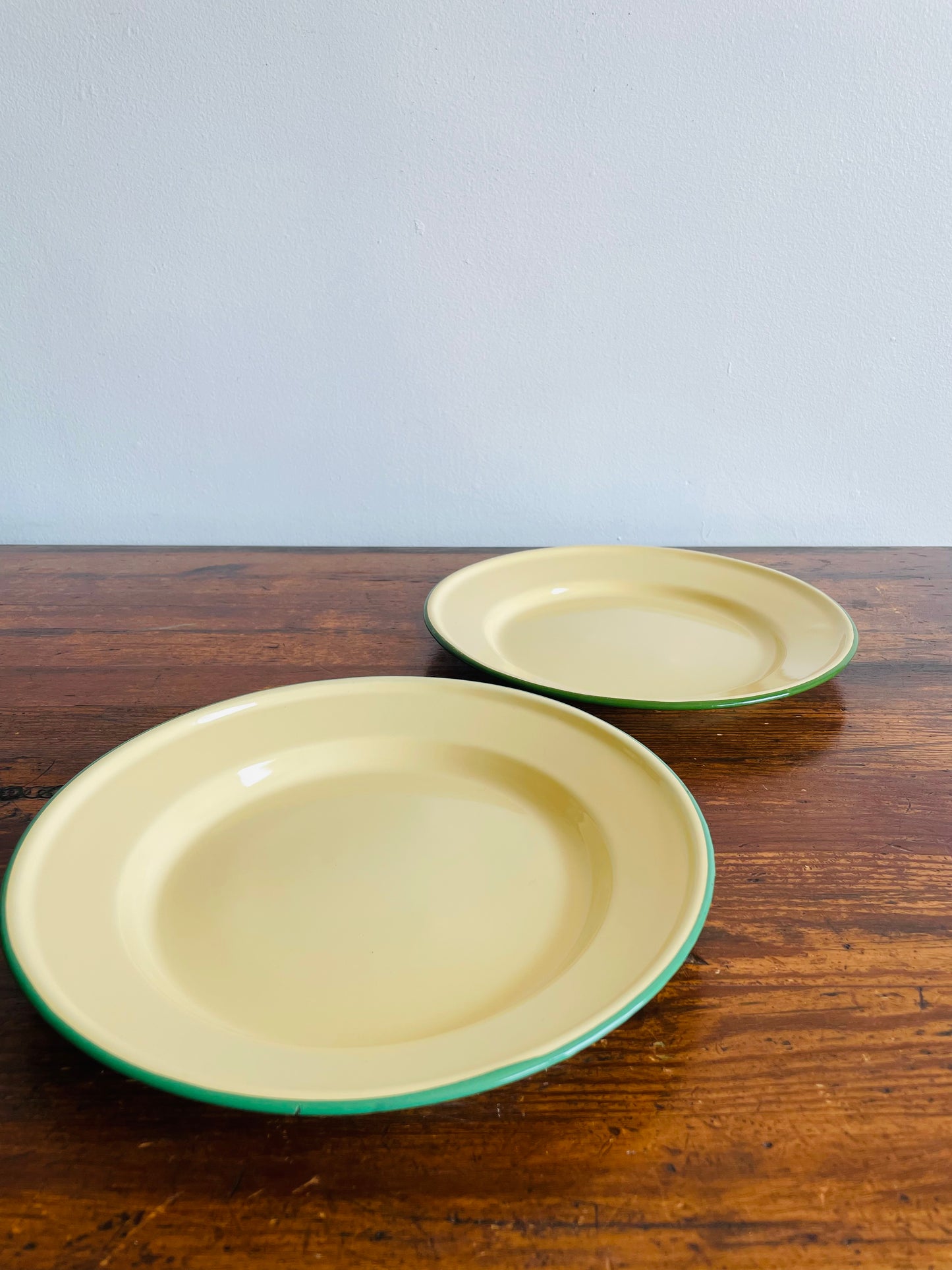 Vintage Goldfish & Peacock Brand Enamelware Plates - Pale Yellow with Green Rims - Set of 2