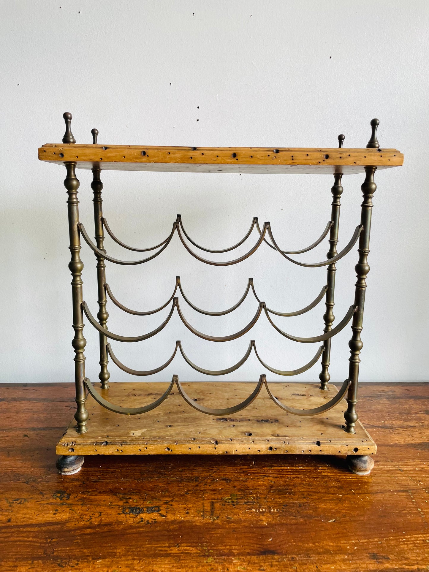 Vintage Italian Sturdy Wood & Solid Brass Footed Tabletop Wine Bottle Holder - Holds 9 Bottles - Made in Italy