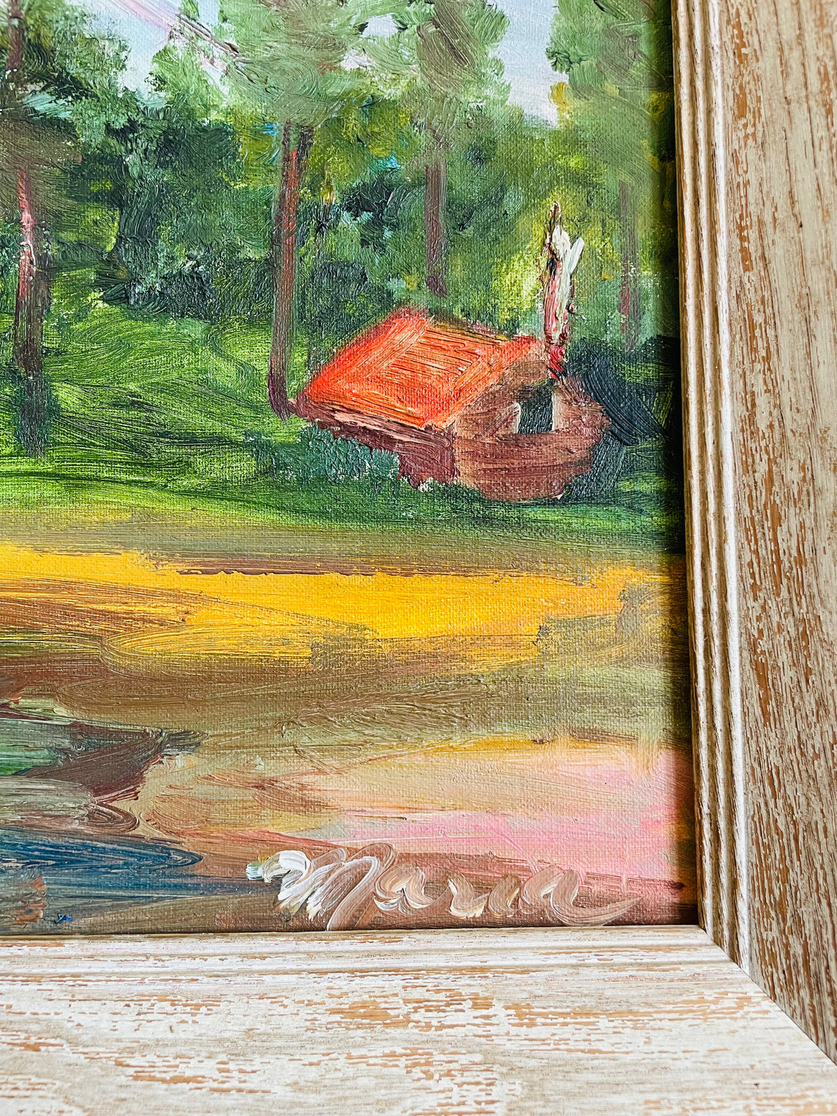 Vintage Original Art Painting Picture of Forest on Lake Nature Scene with Red Cabin House & Smoking Chimney - Signed Maria - No Shipping