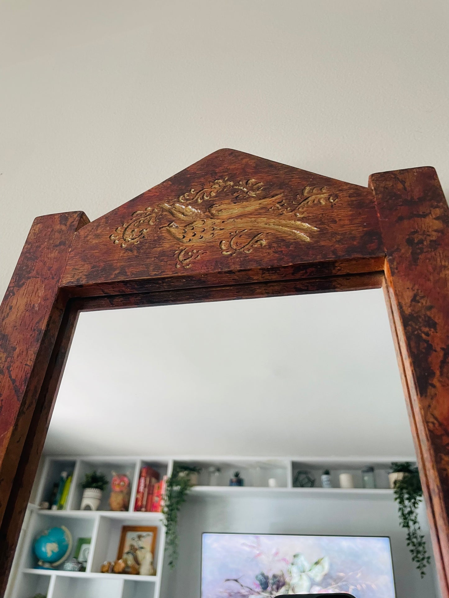 Narrow Wood Mirror with Carved Bird & Leaf Design - Handmade in 1995