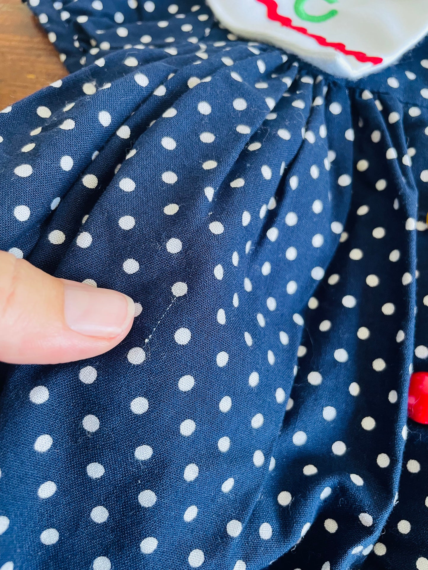 Rare Edition Brand 100% Cotton Navy Polka Dot Dress with ABC School Patches - Size 24 Months