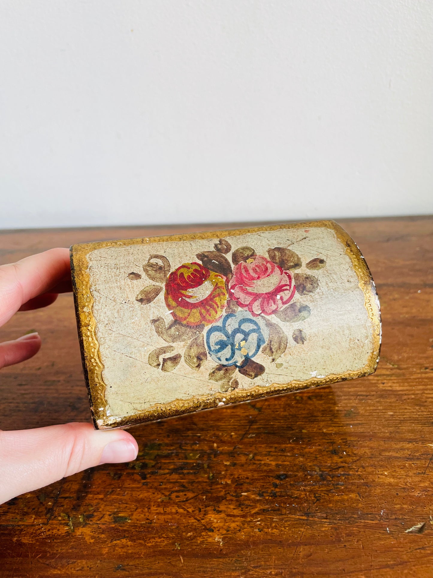 Vintage Florentine Wooden Trinket Box with Rounded Hinged Lid - Gold & Floral Hand Painted Design - Interior Lined