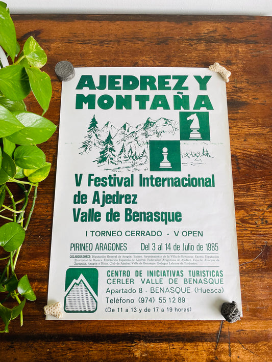 Ajedrez Y Montaña - International Chess Festival Poster from Valley of Benasque, Spain - July 1985 - Found in Lisbon, Portugal