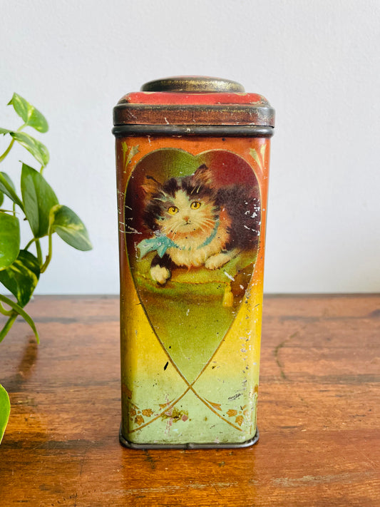 Vintage Cat Tin With Hinged Lid - Heart & Kitten Design - Black & White / Orange & White Kittens