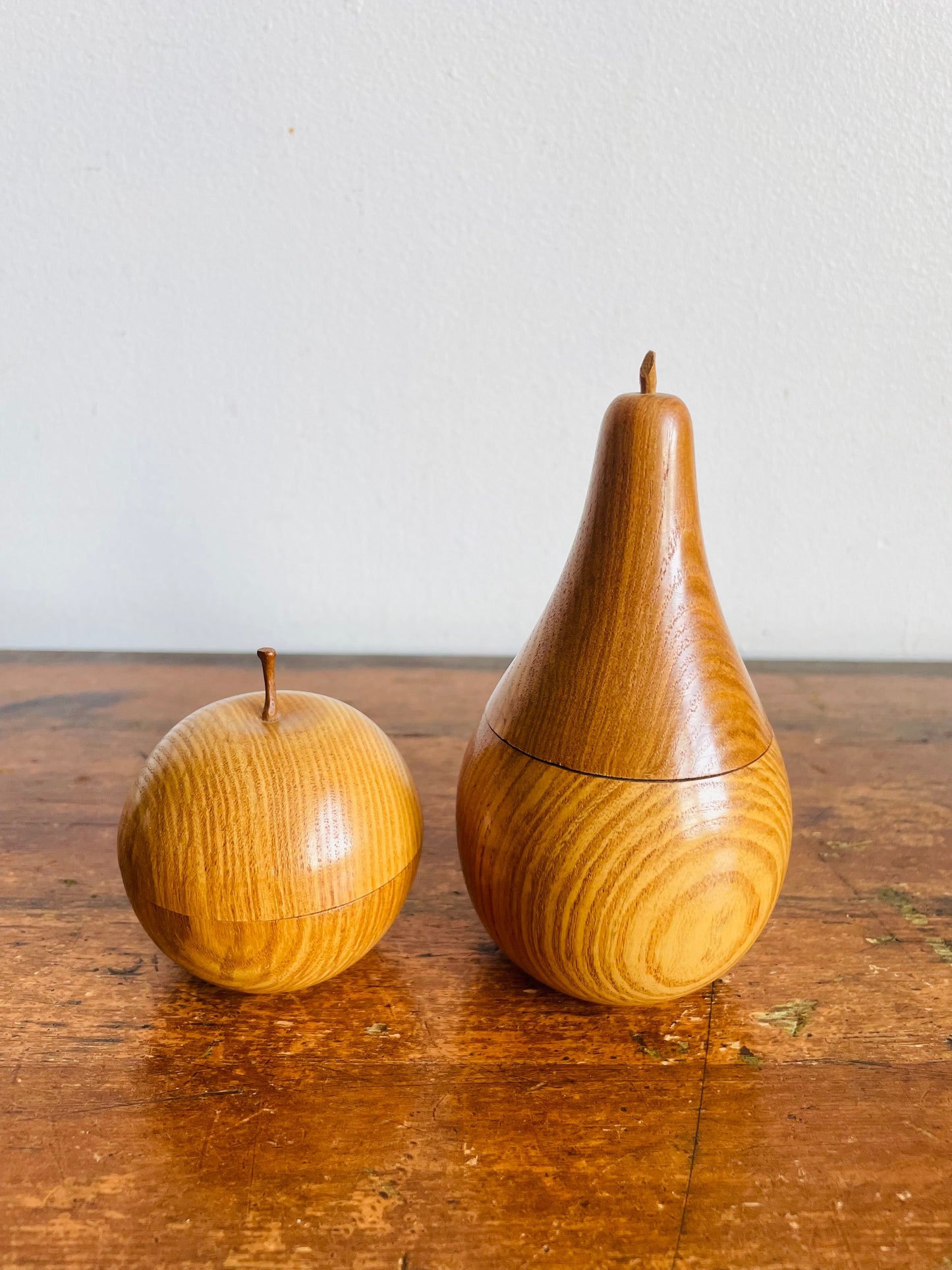 Vintage Carved Wood Pear & Apple Lidded Box Containers - Open Up / Hollow Inside - Set of 2