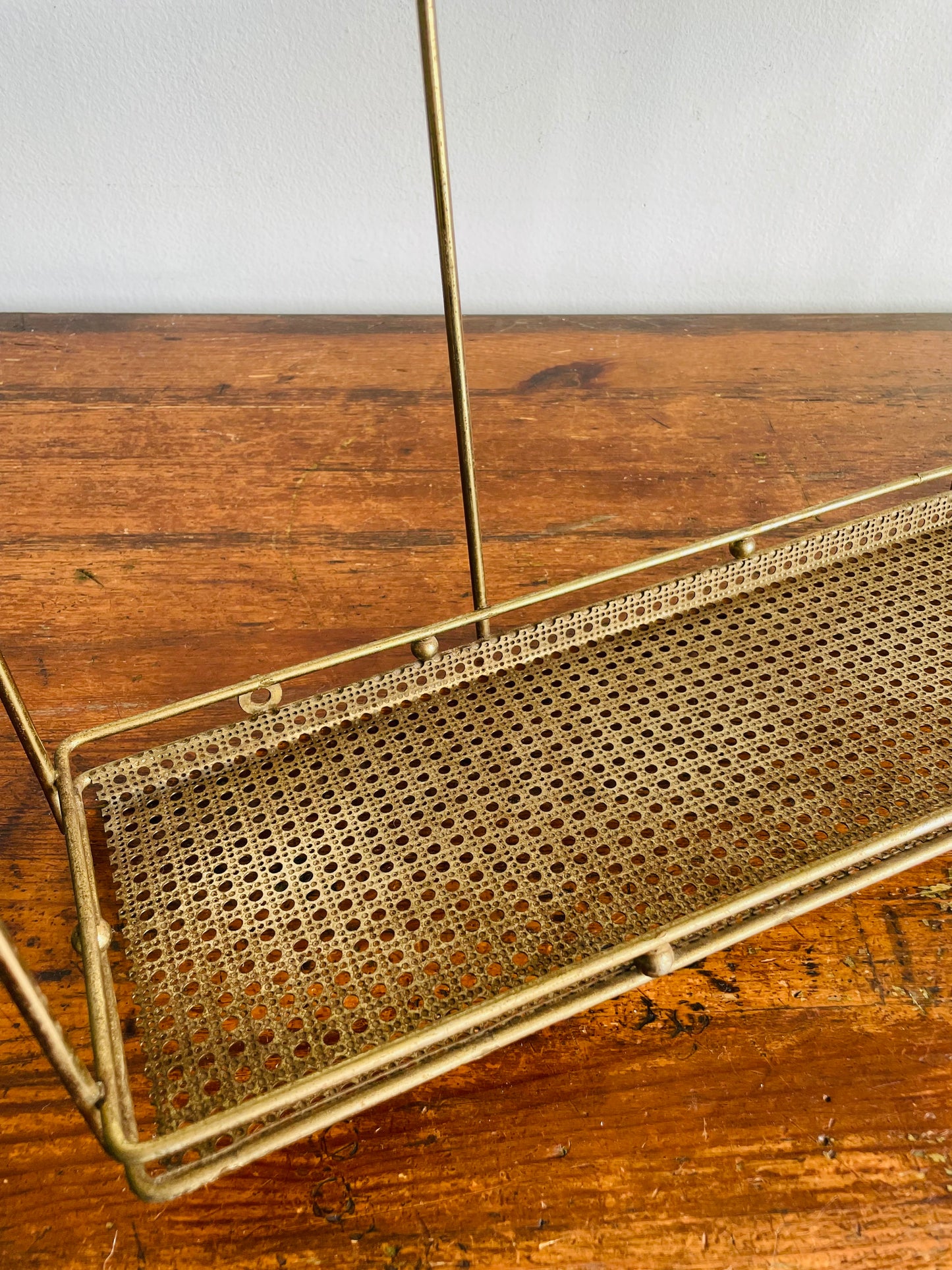 Vintage Gold Toned Metal & Brass Wall Hanging Shelf with Openwork Grill Design & Raised Edges - 3 Shelves- No Shipping