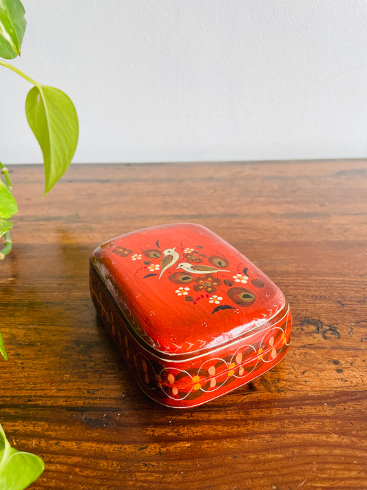 Sermel Lacquered Paper Mache Trinket or Jewellery Box with Bird & Flower Design - Handmade in Tonala Mexico