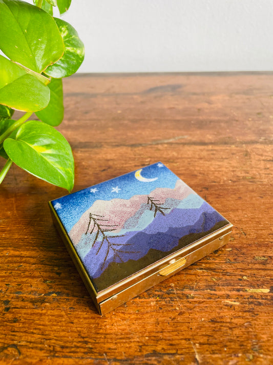 Vintage Brass & Enamel Travel Pocket Case with Divided Jewellery or Pill Organizer Compartment & Mirror - Snowy Winter Night Scene - Made in Vancouver Canada
