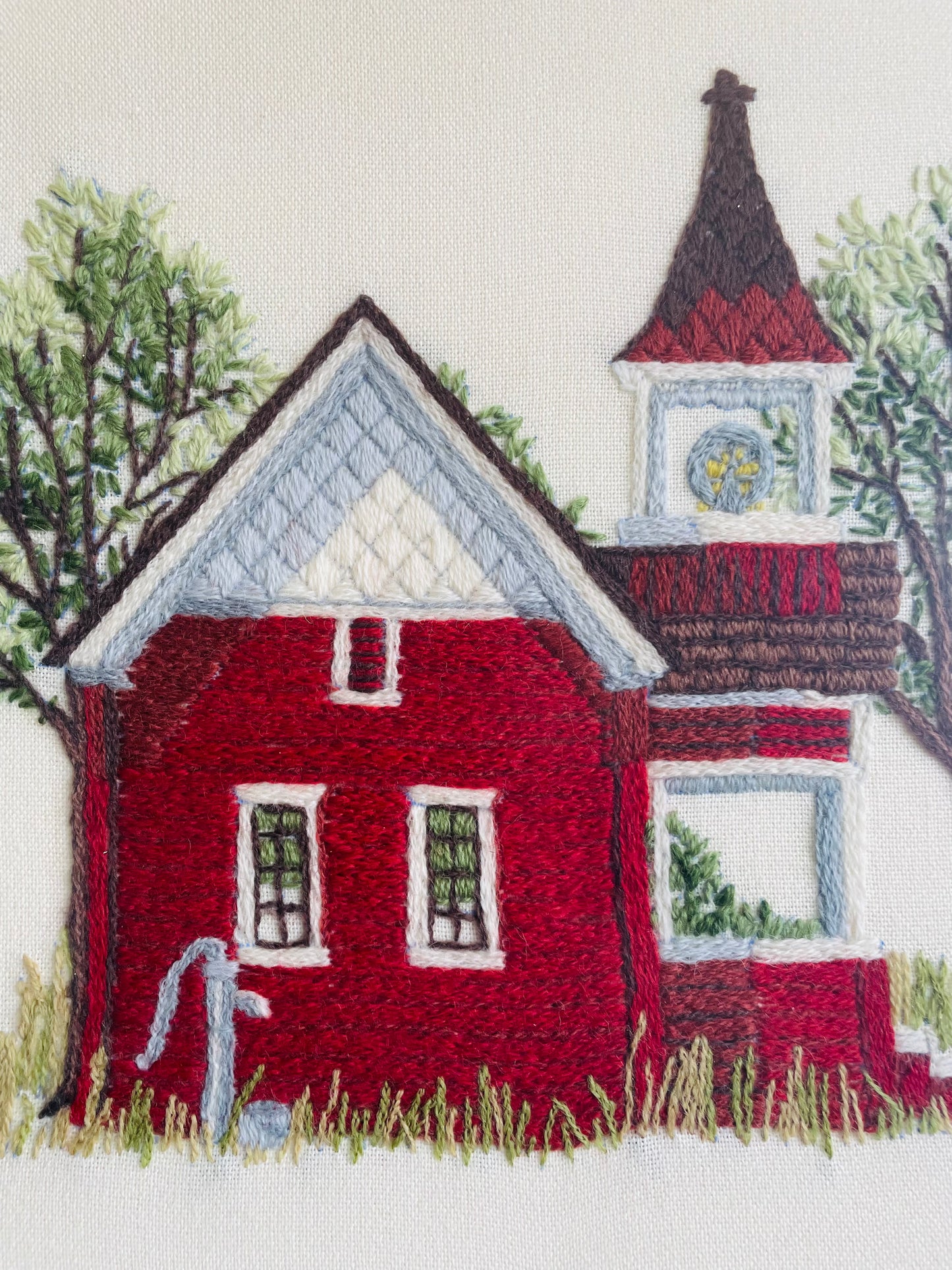 Absolutely Adorable Framed Crewel Needlepoint Embroidery Picture of Red One Room Schoolhouse