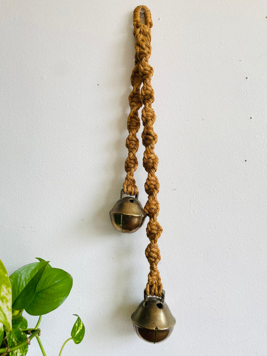 Vintage Handwoven Jute Rope Macrame Garland with Large Brass Jingle Bells - Wall Decor, Chime, Curtain Tieback, Etc.