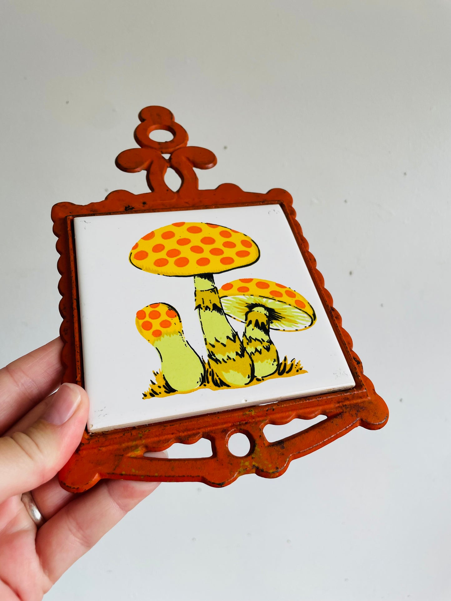 Vintage Merry Mushroom Tile & Cast Iron Rubber Footed Raised Hot Plate Trivet - Can Also Hang From Wall - Made in Taiwan