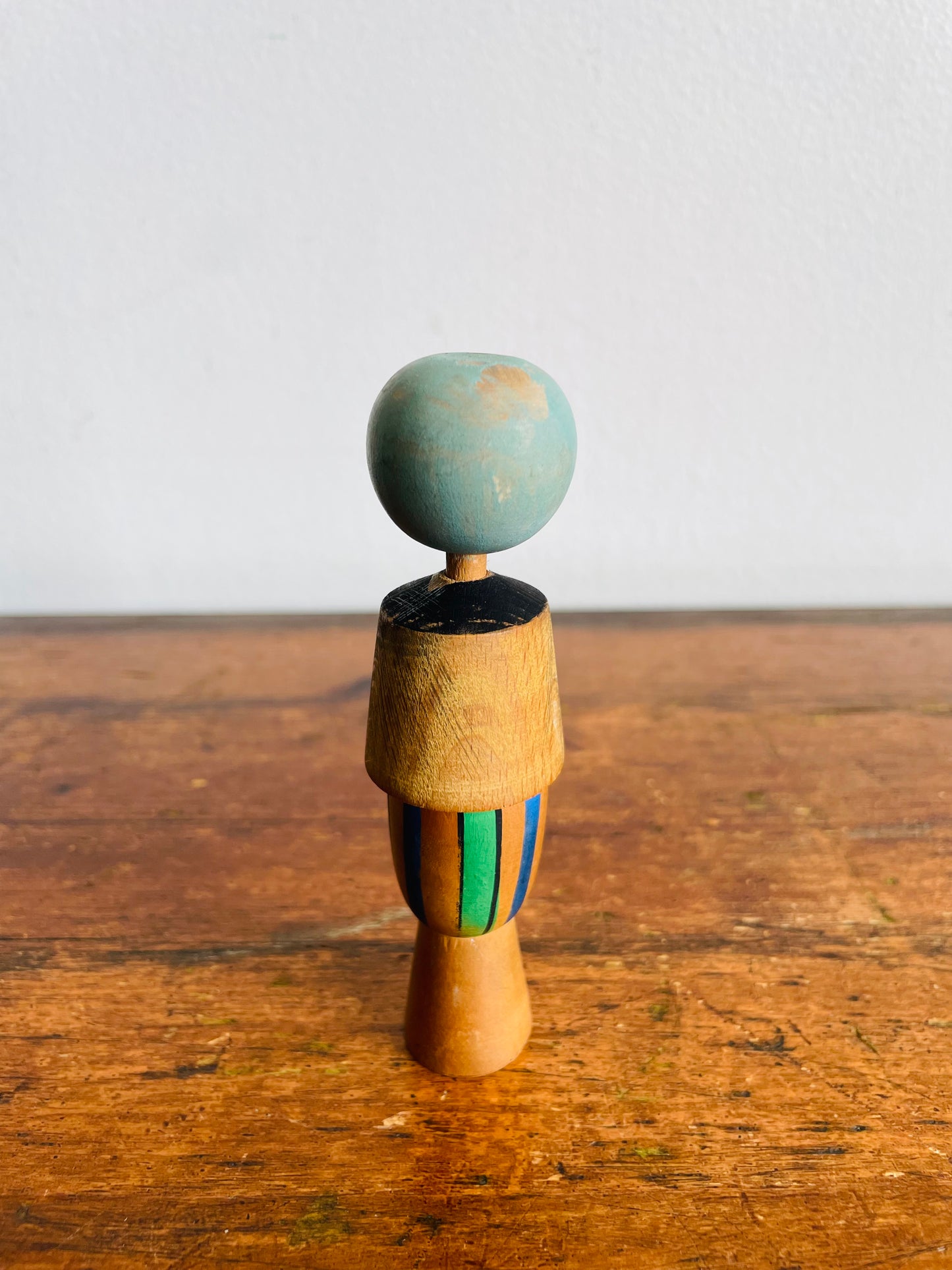 Vintage 4.25" Tall Japanese Wooden Kokeshi Bobblehead Doll with Black, Blue & Green Dress