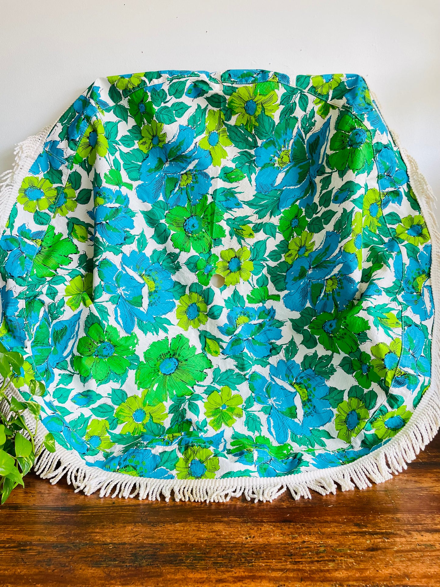 Vintage 1960s/70s Groovy & Fun Green & Blue Flower Power 44" Round Vinyl Patio Tablecloth with Umbrella Hole & White Braided Tassel Fringe