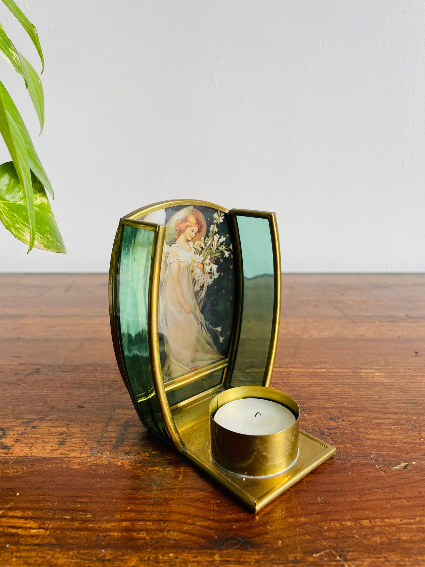 Enesco Brass & Stained Glass Tealight Candle Holder with Angel Holding Lily Flowers - Made in Mexico