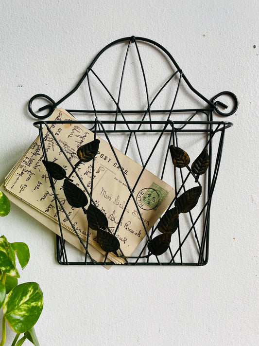 Vintage Dark Green Metal Wall Hanging Letter / Mail Holder with Leaf Design