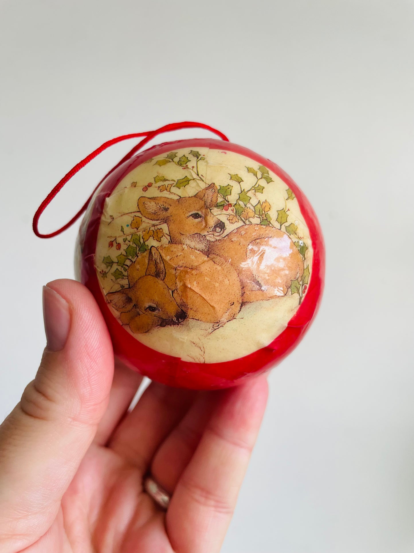 Vintage Collection of Handmade Decoupage Ornaments with Adorable Illustrations - Set of 4 - Deer, Children, Santa