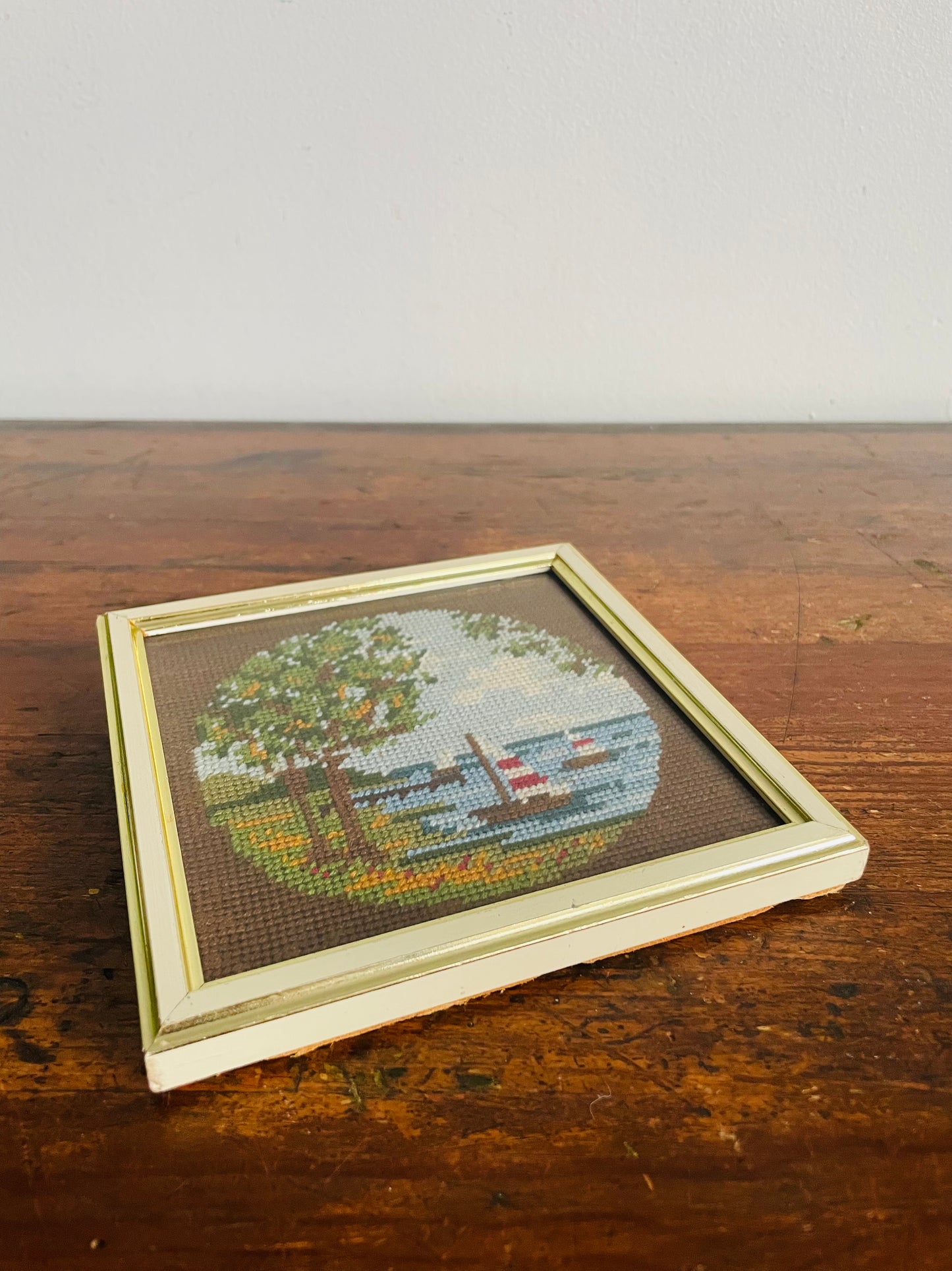 Vintage Mini Needlepoint Embroidery Picture in Square Frame - Summer Season - Red & White Sailboats in Lake