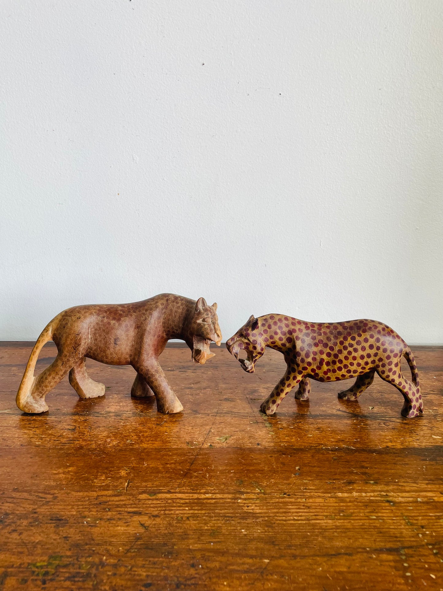 Vintage Hand Carved Wood Prowling Spotted Leopard Big Cats - Set of 2
