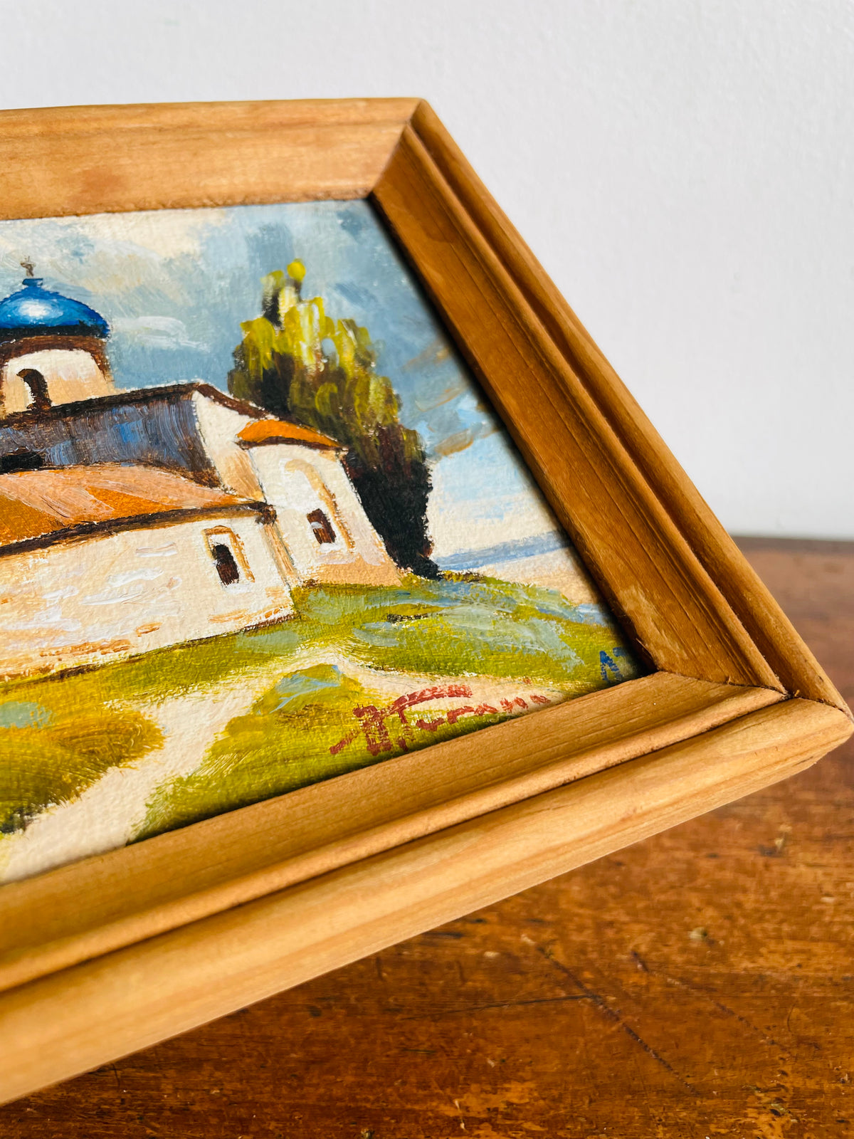 Vintage Original Art Painting Picture of Eastern European Church Landscape & Sky Scene