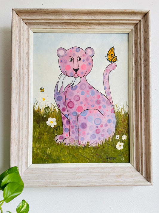 Vintage 1975 Original Art Painting Picture - Purple Spotted Leopard Among Flowers & Butterflies - Artist Signed - Whimsical Decor - No Shipping