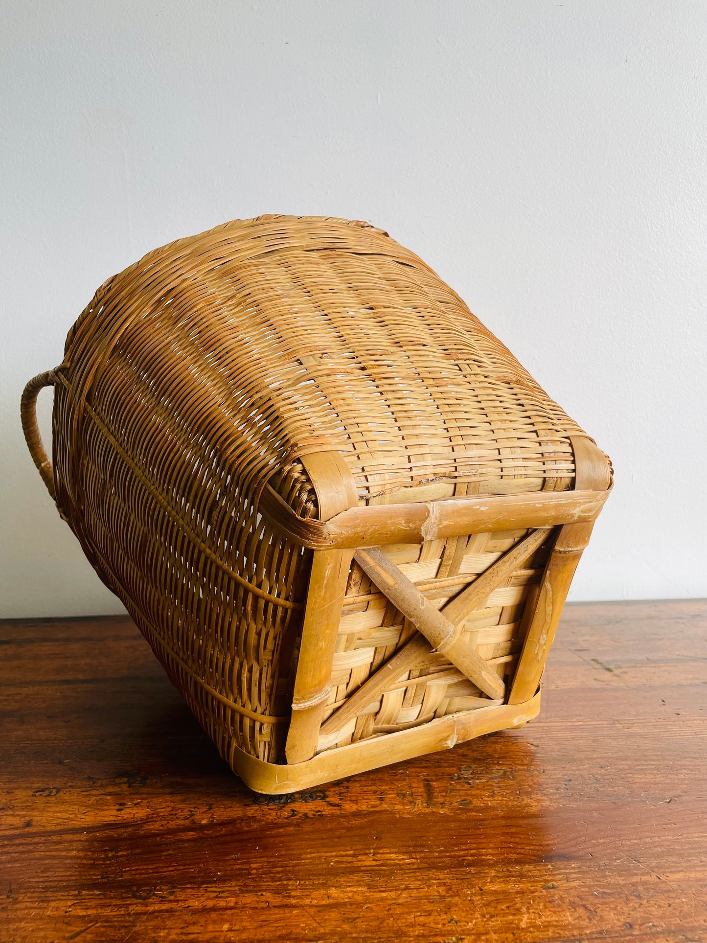 Large Wicker & Bamboo Square Base Basket with Handles - Makes a Great Plant Holder!