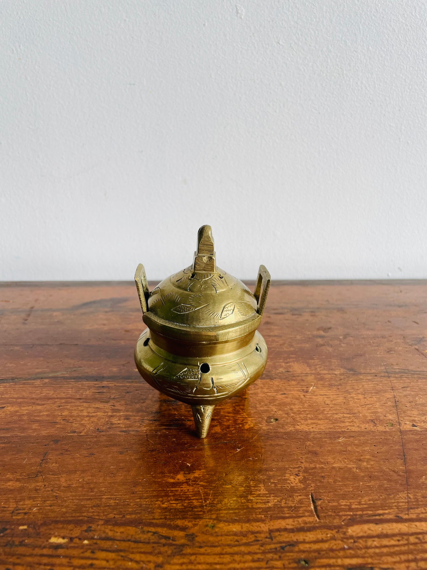 Chinese Etched Brass Footed Incense Burner with Lid & Handles