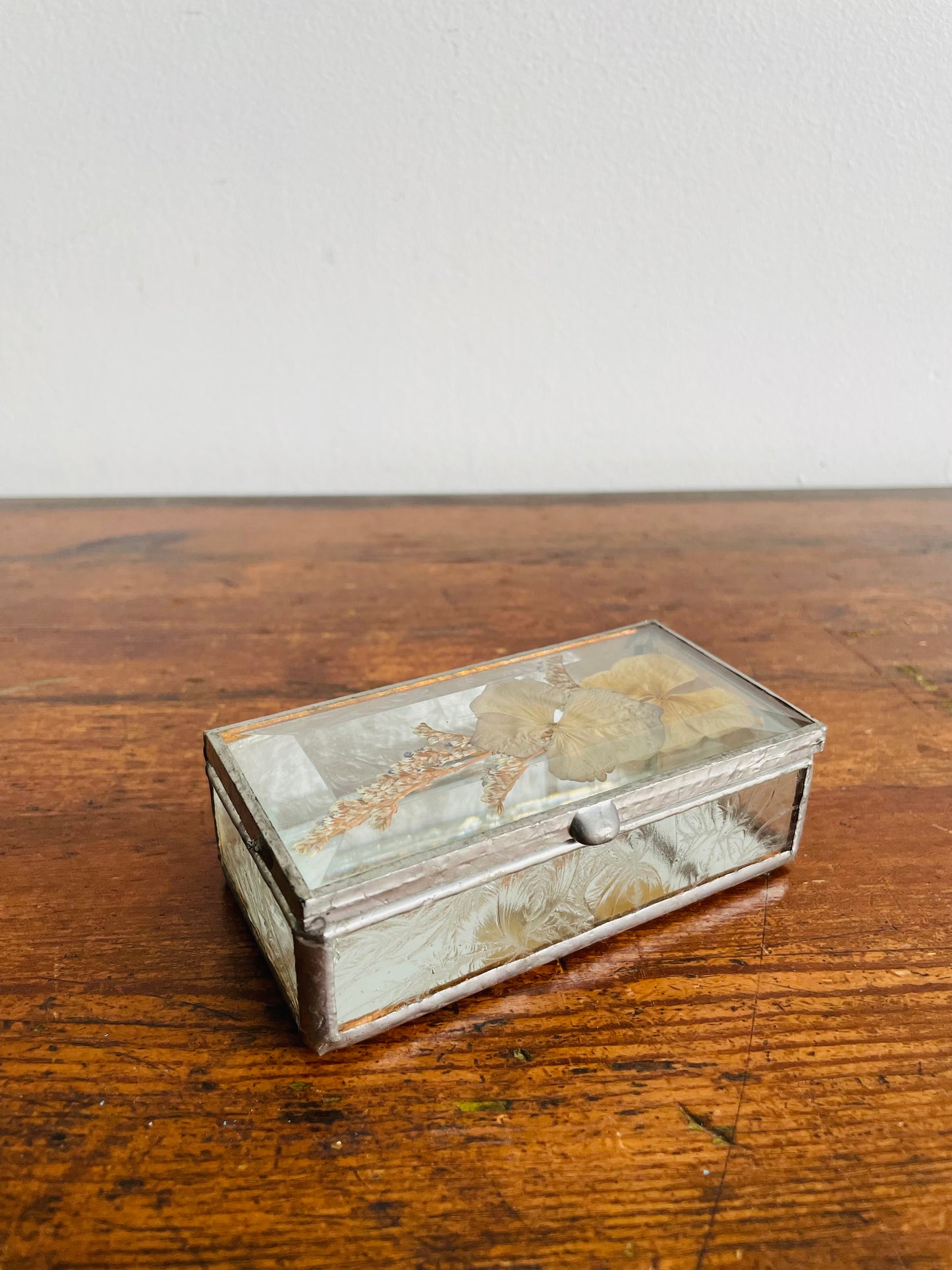 Metal & Glass Mirrored Trinket Jewellery Box with Dried Pressed Flower Lid