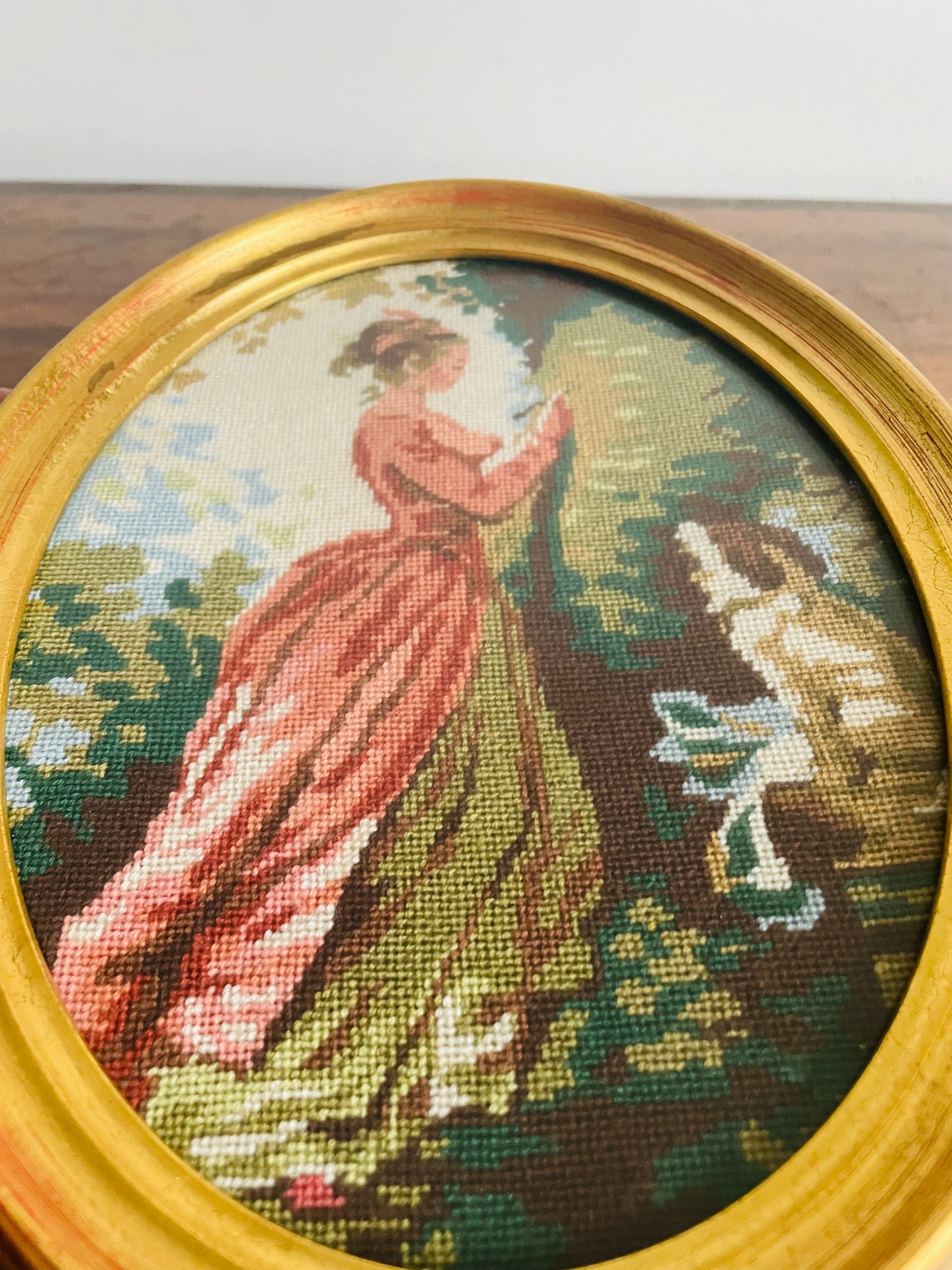 Vintage Needlepoint Embroidery Picture in Gold Oval Frame - Girl in Pink Dress Reading to Her Dog