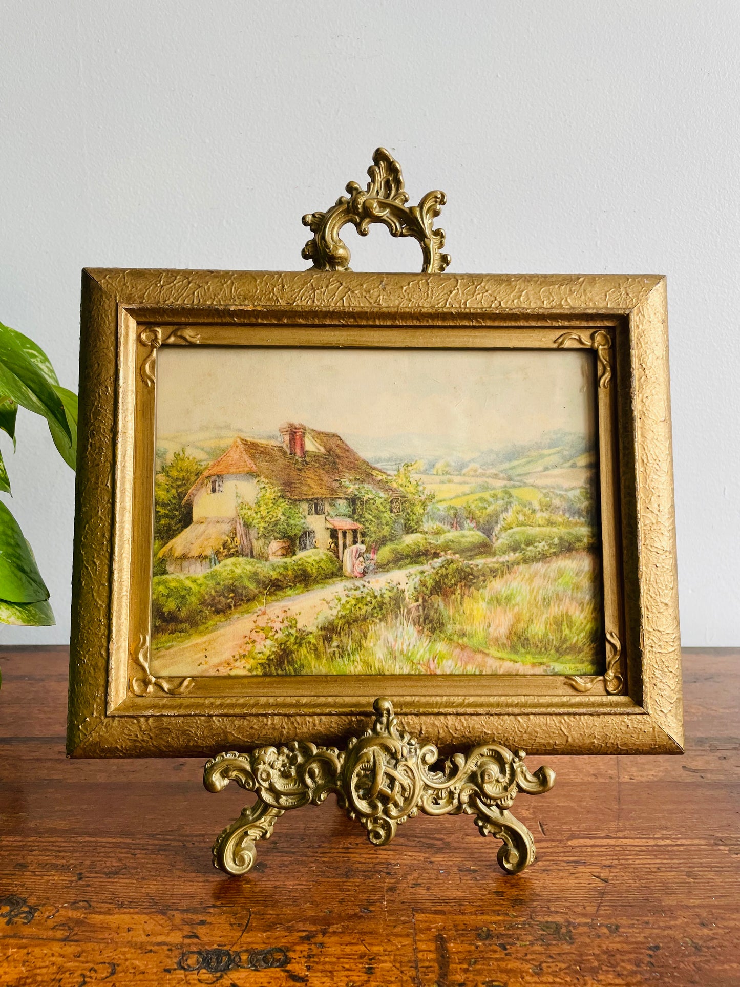 Framed Country Cottage Scene Print with Thatched Roof House, Woman & Child