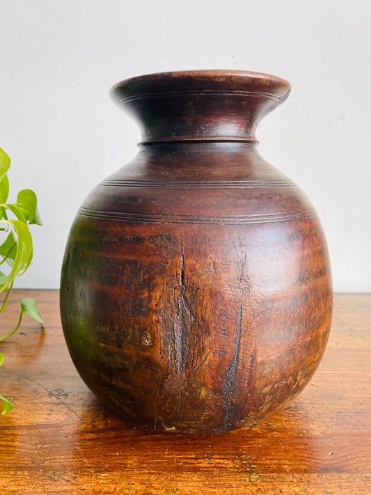 Vintage / Possibly Antique Wood Himachal Pot Vase - Handcrafted & Carved from a Single Piece of Wood - Tribal Northern India - Himachal Pradesh Region - Originally Used to Store Water