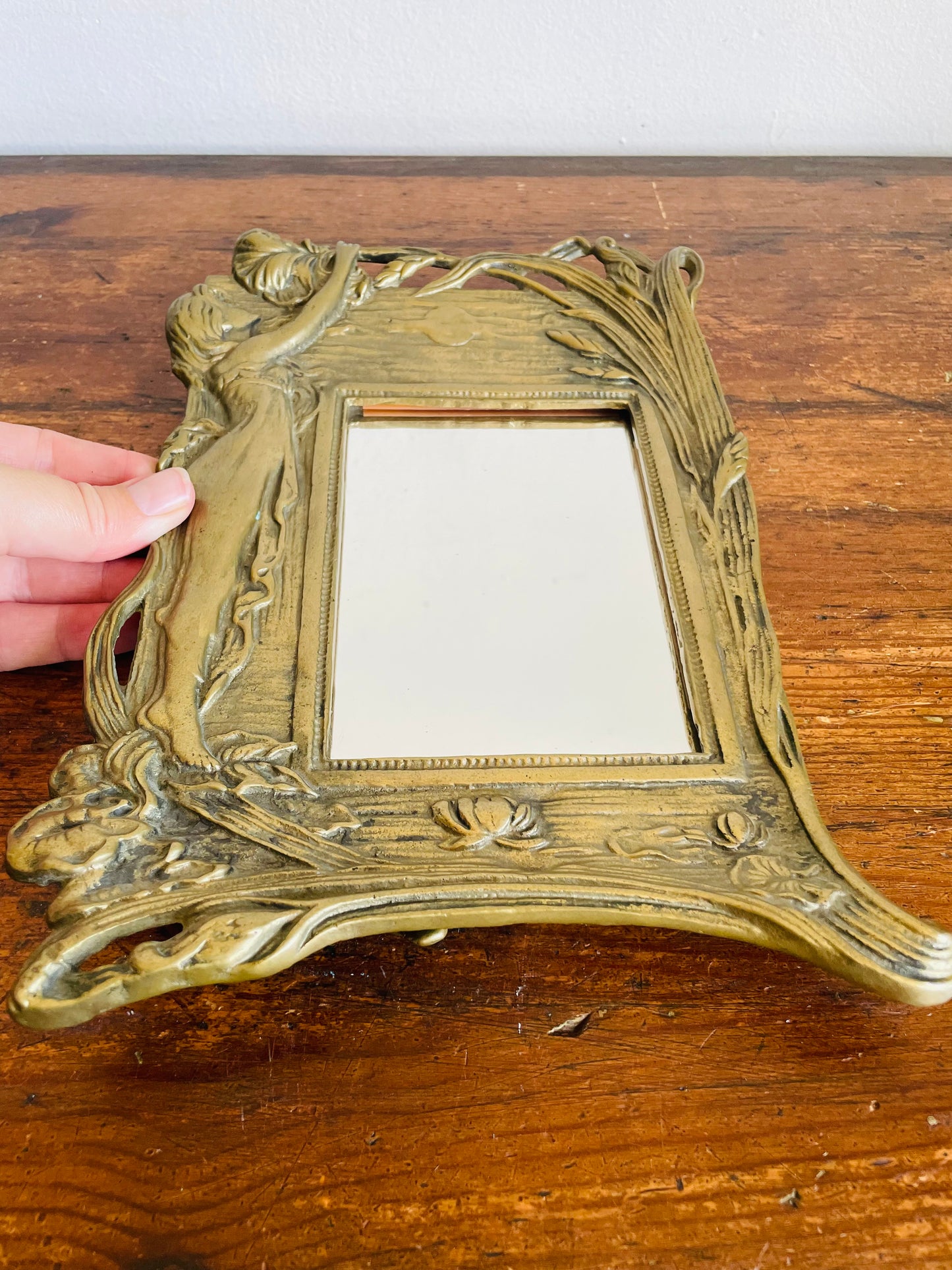 Vintage Heavy Brass Art Nouveau Easel Back Mirror with Fairy Nymph Maiden Under Sun with Flowers - Could Use as a Picture Frame as Well!