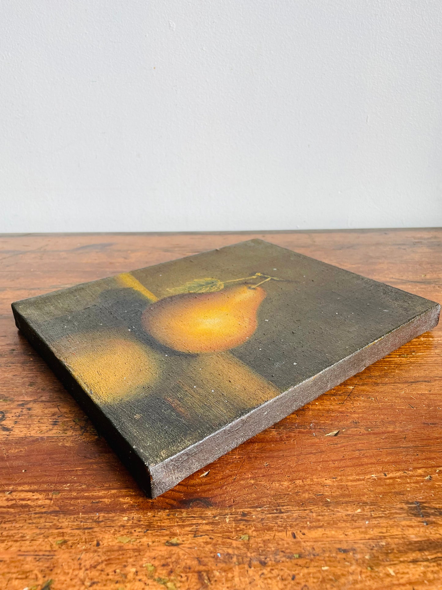 Antique Original Art Painting Picture on Canvas - Moody Still Life Study of a Pear