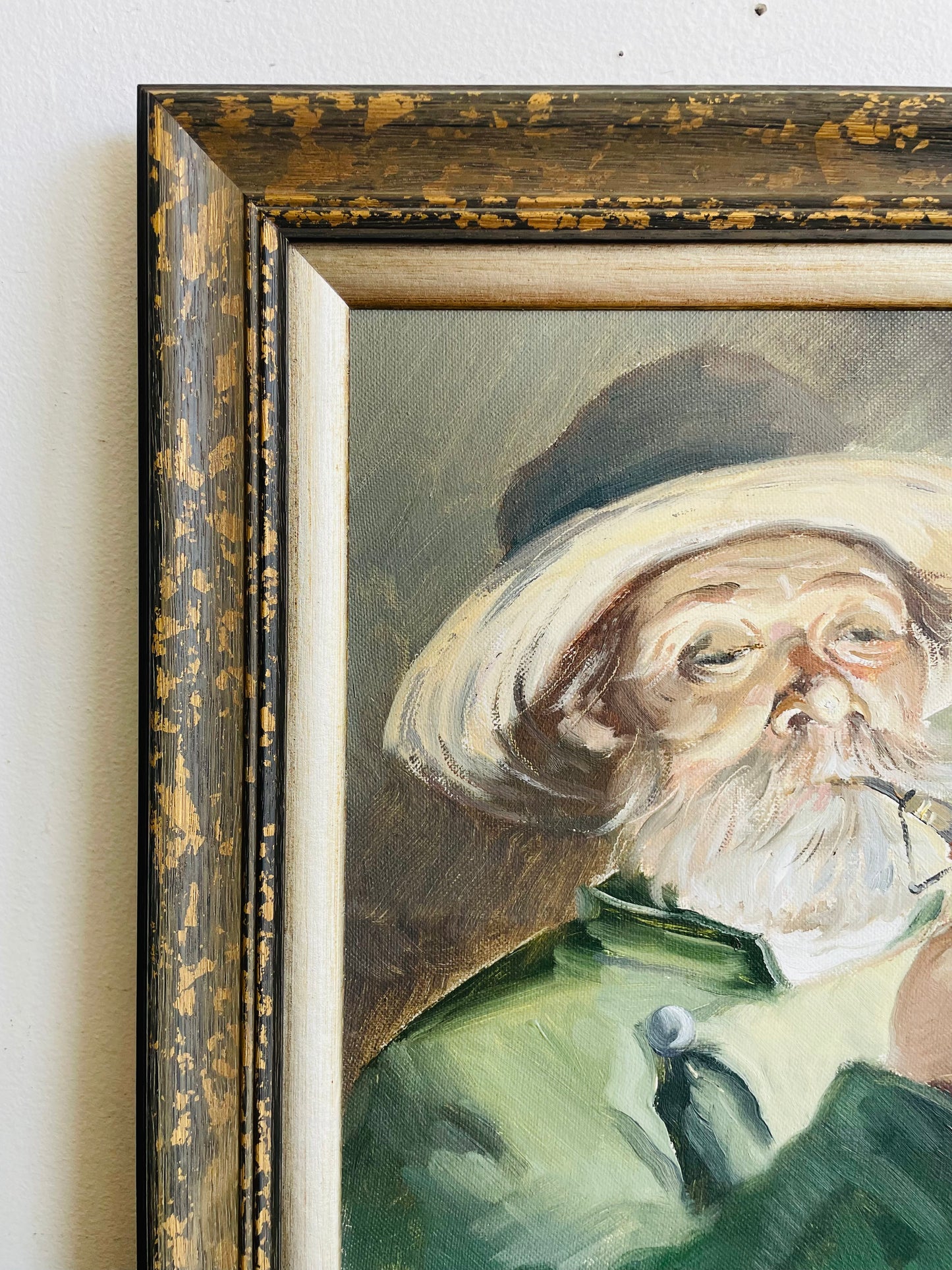 Vintage 2005 Original Art Painting Picture of Old Man Lighting a Pipe - Artist Signed