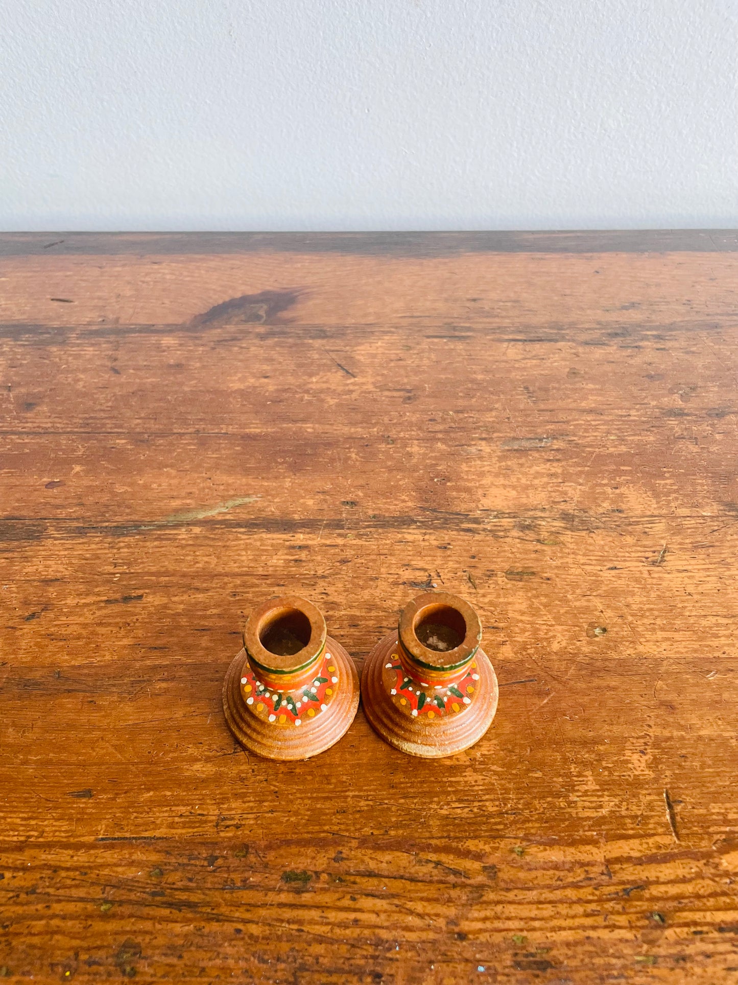 Miniature Hand Painted Wood Candlestick Holders with Folk Art Design - Set of 2