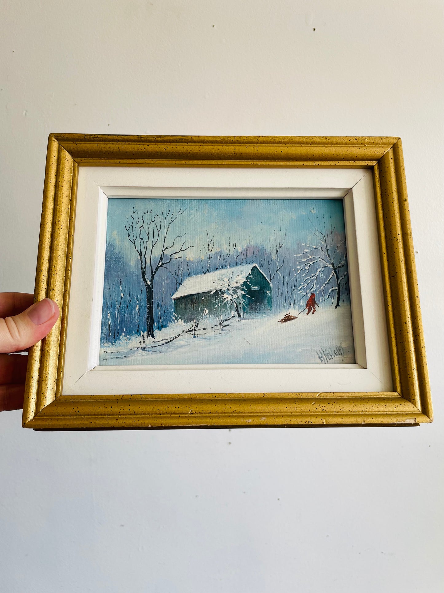 Vintage 1984 Original Art Painting of Child Pulling Sled with Chopped Wood Through Snow - "Painted by Harold Knight in my 89th Year"