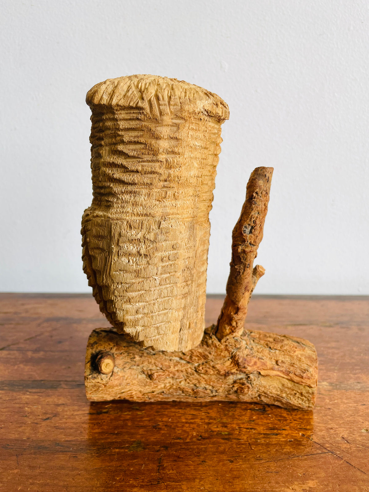 Vintage Hand-Carved Wood Owl Bird on Natural Branch Base - Signed by Canadian Woodcarving Artist Norman Peterson - Made in Canada