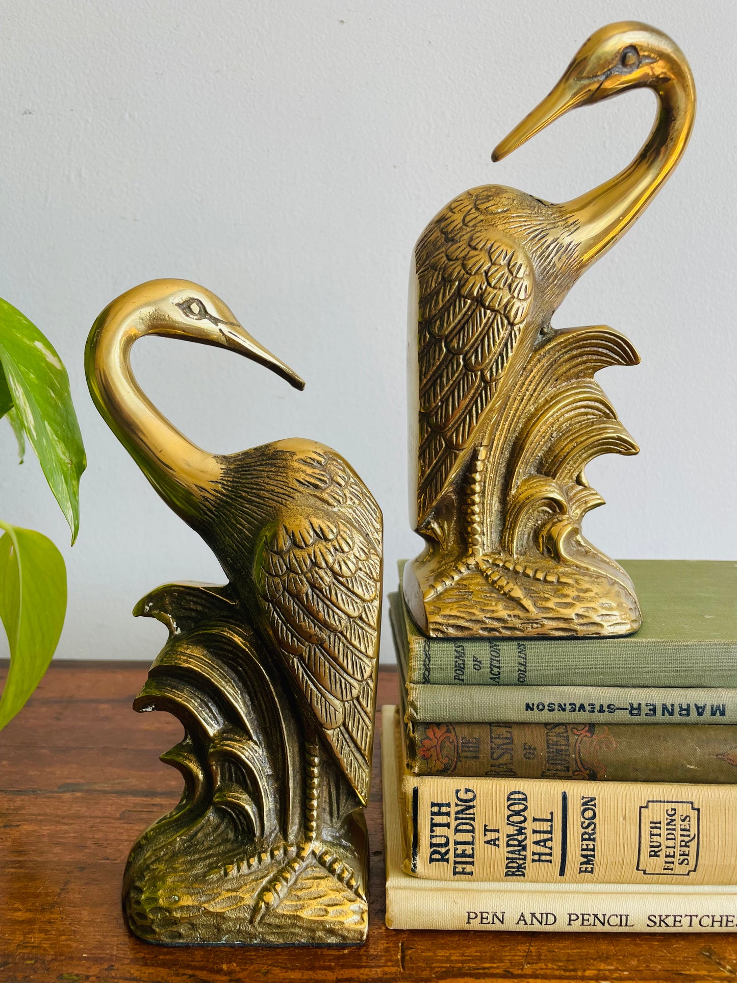 Solid Brass Heron or Crane Bird Bookends - Set of 2 - 1991 Made in Korea