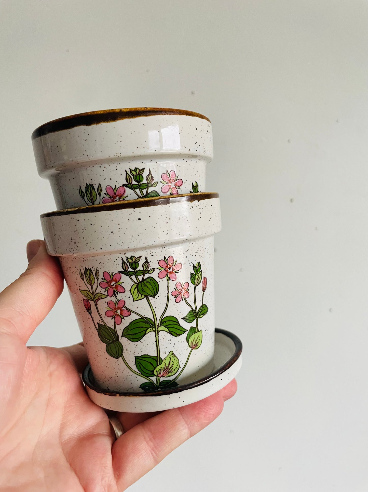 Vintage Takahashi Japan Small Speckled 3" Planter Pots with Pink Flower Design - Set of 3 Pieces - 2 Pots / 1 Pot Saucer
