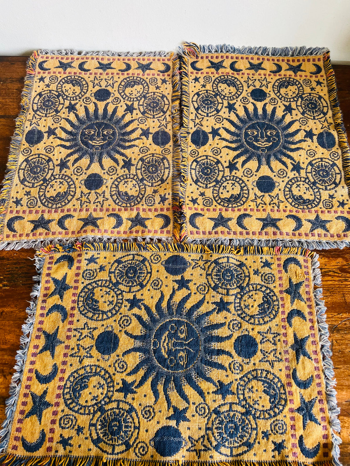 Vintage Blue & Yellow Reversible Celestial Tapestry Fabric Fringed Placemats with Sun, Moon & Star Design - Whimsigoth Decor - Set of 6