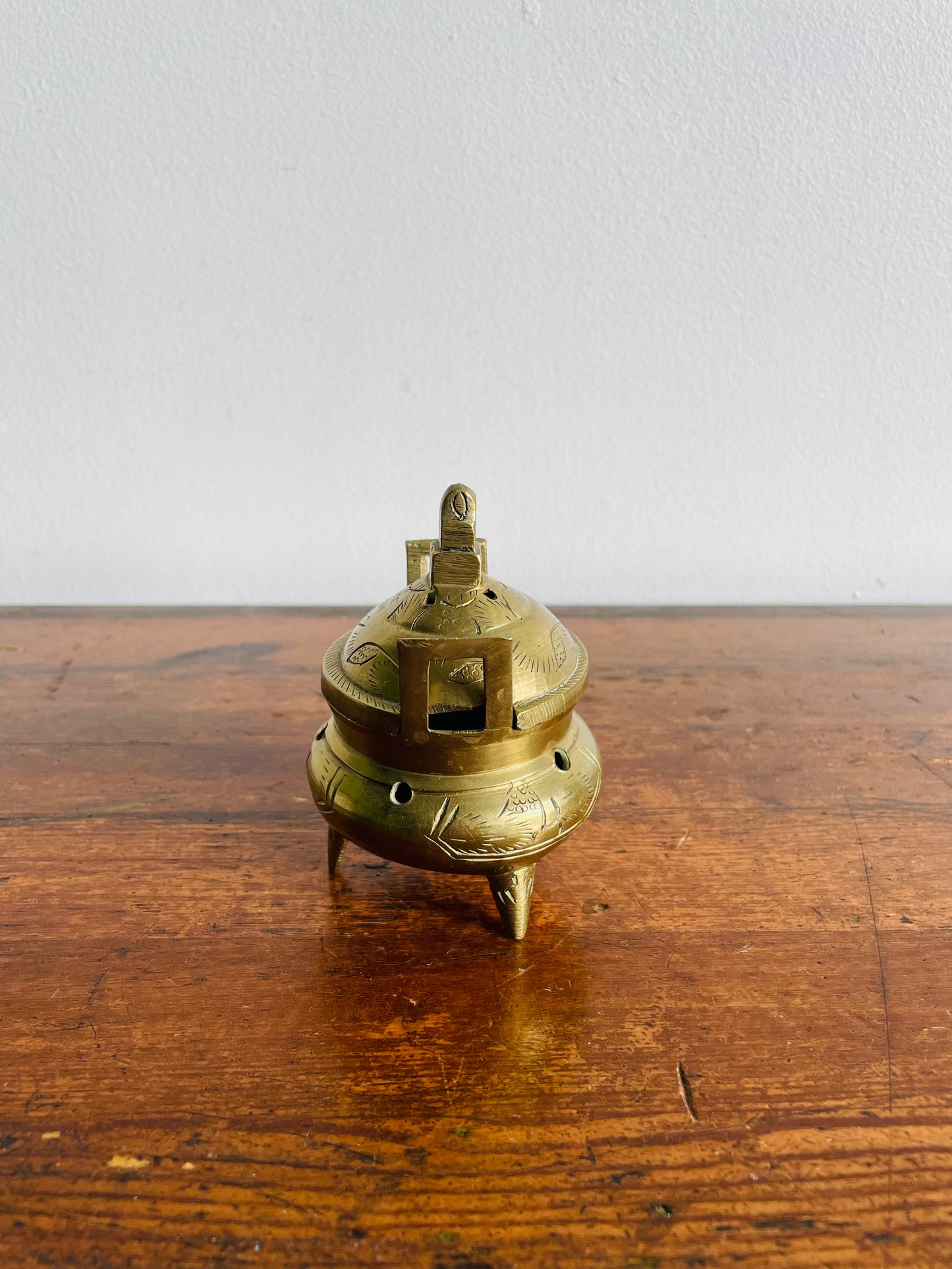 Chinese Etched Brass Footed Incense Burner with Lid & Handles