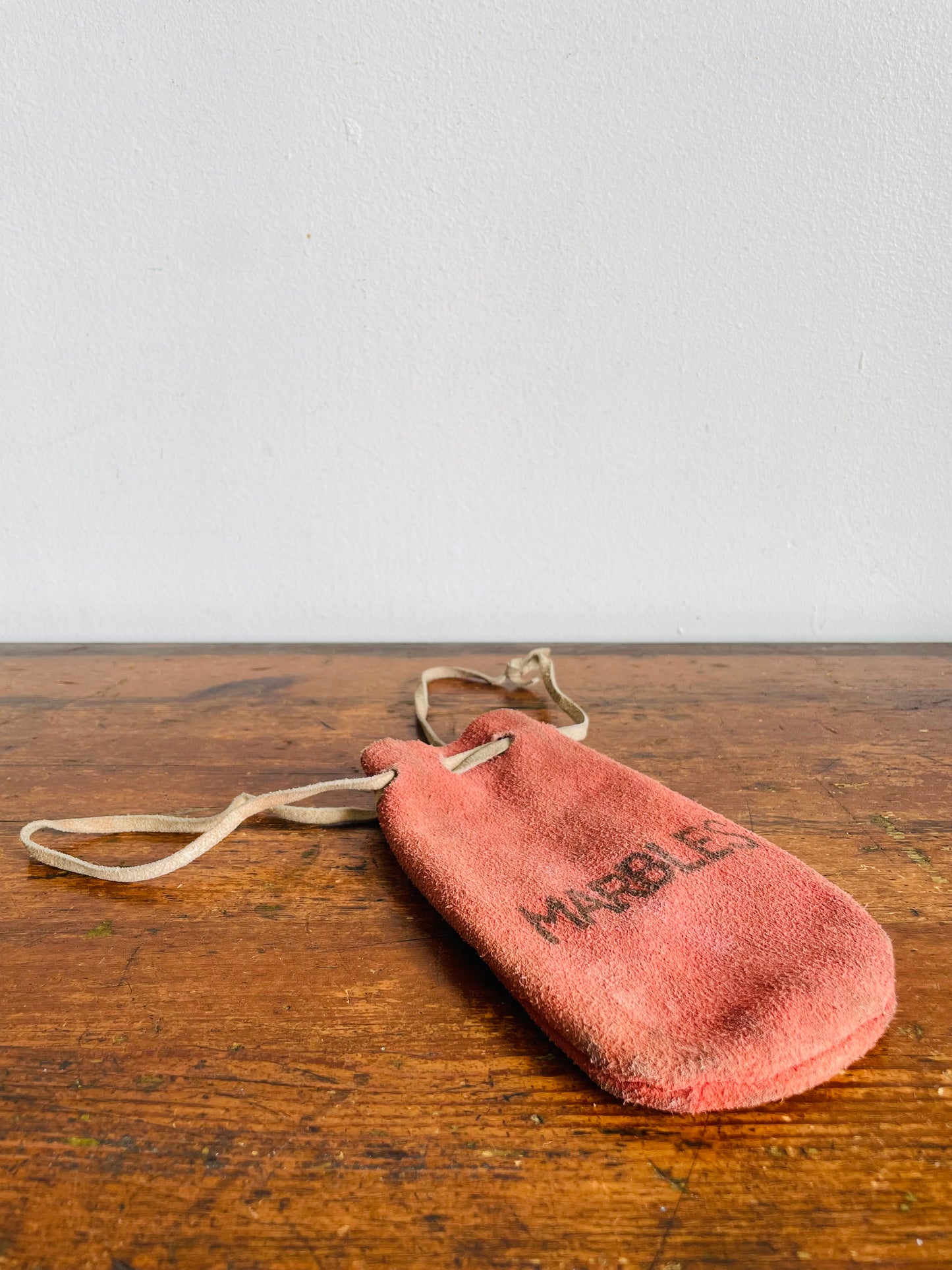 Vintage Faded Red Leather Drawstring Pouch Bag for Marbles